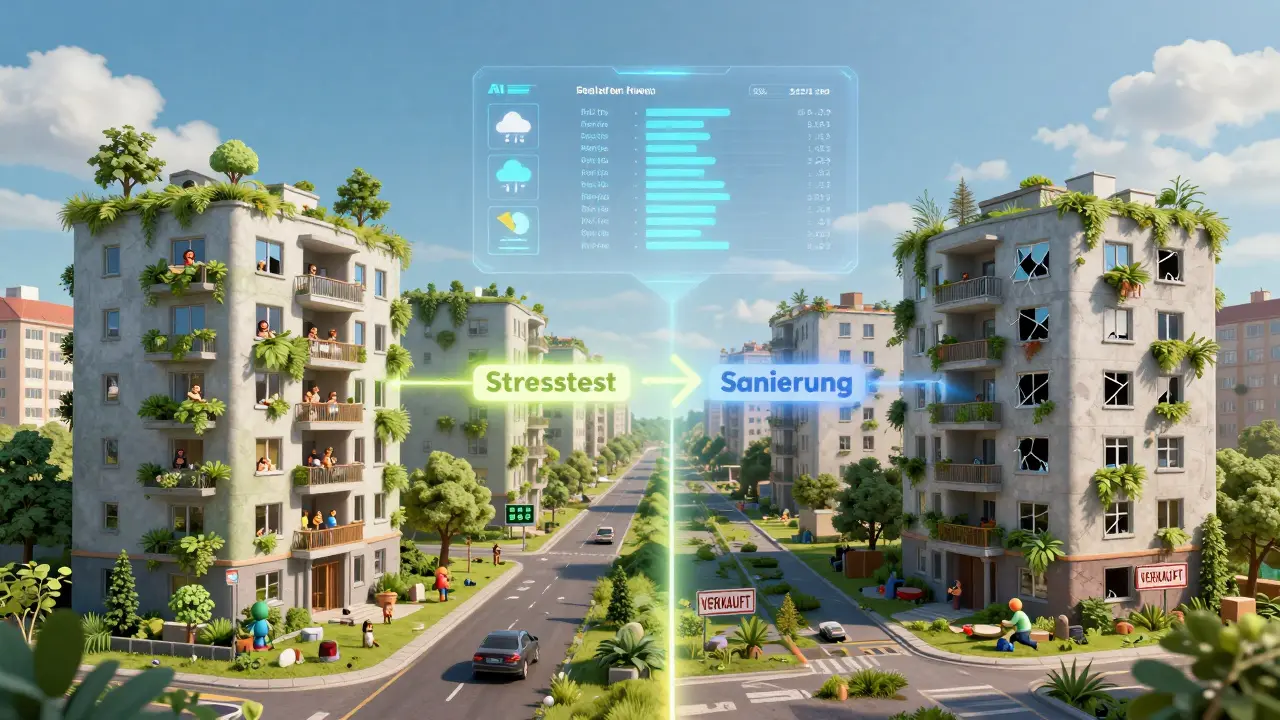 Zwei Ansichten desselben Wohnhauses: eines blühend, eines verlassen – verbunden durch einen Weg der Sanierung.