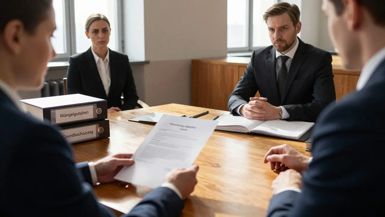 Anwalt übergibt dem Notar eine schriftliche Rücktrittserklärung in einer deutschen Notarkanzlei.