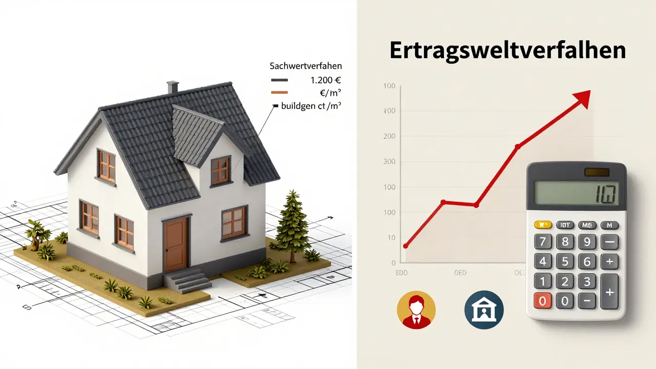 Aufteilung der Immobilienwertberechnung: Sachwert mit Boden- und Gebäudewert sowie Ertragswert mit Mietflussdiagramm.