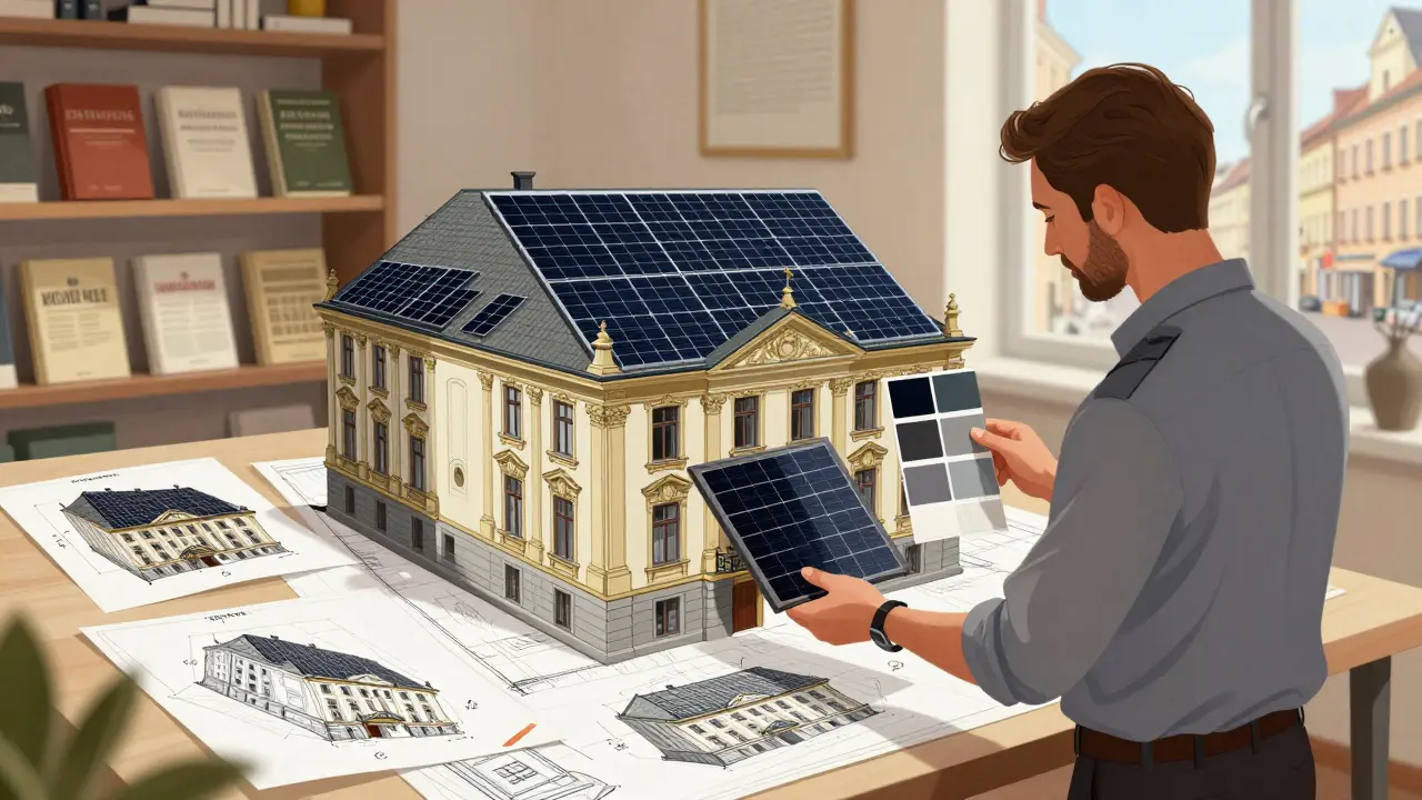 Denkmalpflegerin vergleicht Solarmodul-Farbmuster mit originalen Dachschindeln.