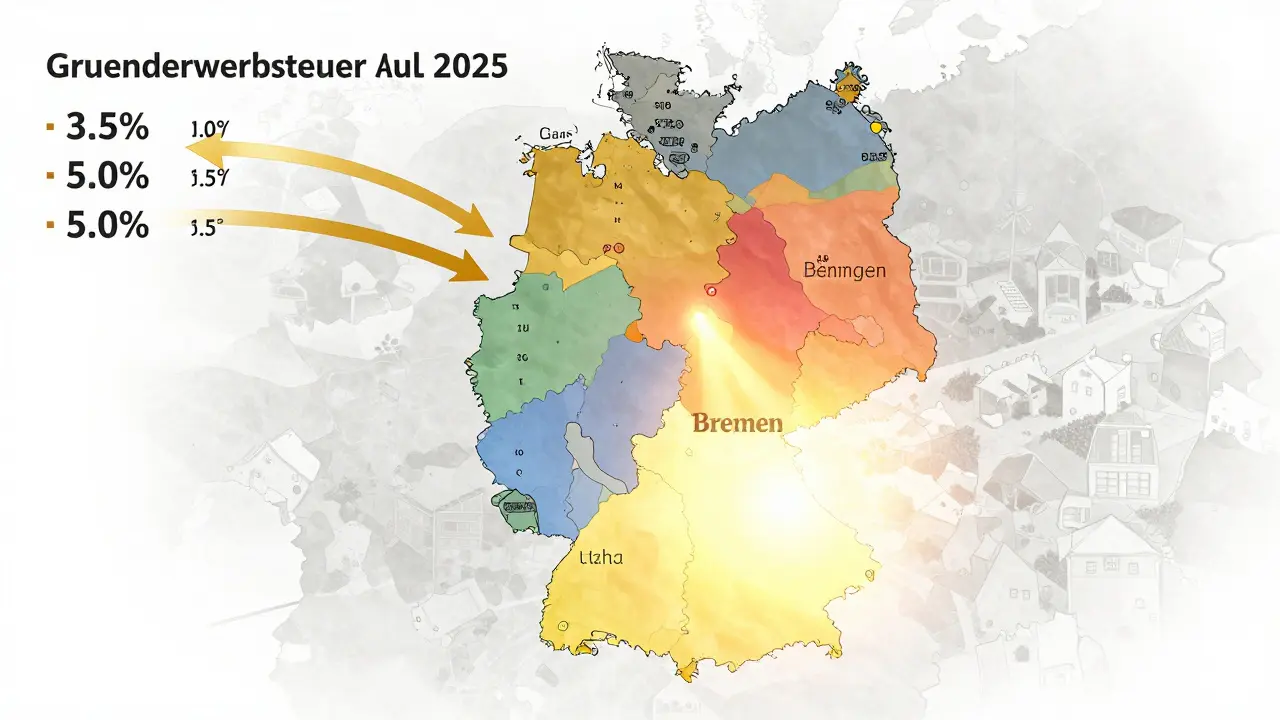 Deutsche Landkarte mit farblich codierten Grunderwerbsteuersätzen und Bremen als Lichtpunkt.