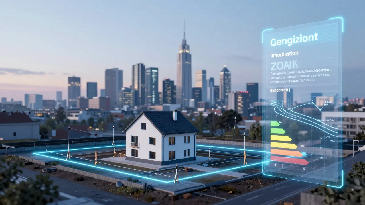 Digitaler Überlagerungsplan eines Einfamilienhauses mit Energieeffizienz- und Entwässerungsdaten, markiert auf einem Grundstück bei Morgendämmerung.