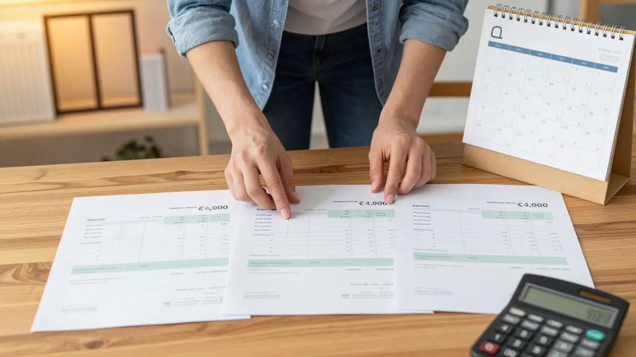 Drei getrennte Rechnungen für Sanierungsarbeiten auf einem Tisch, jedes unter 4.000 Euro.