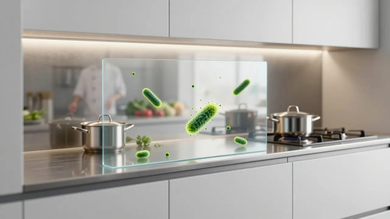 Edelstahl-Rückwand mit integrierter LED-Beleuchtung und antifingerprint-Beschichtung in moderner Küche.