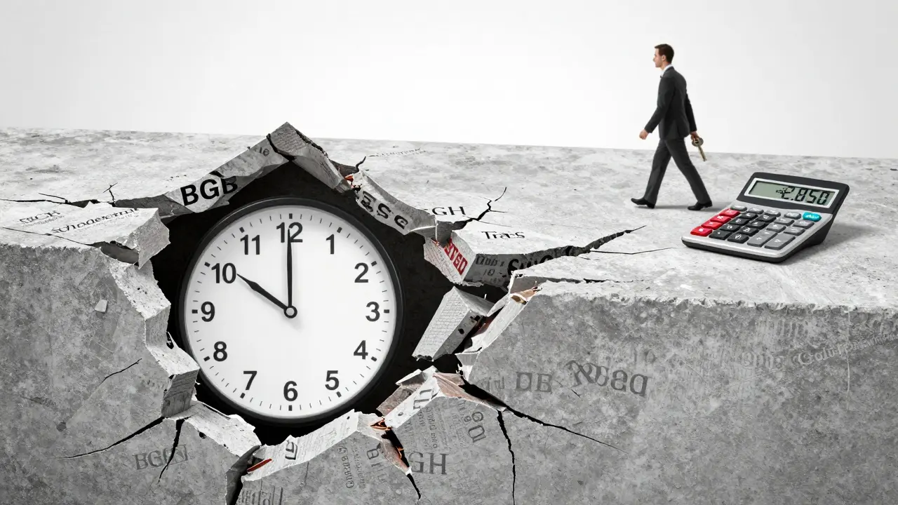 Ein einstürzendes Haus mit juristischen Begriffen in den Fundamenten und einem laufenden Countdown.