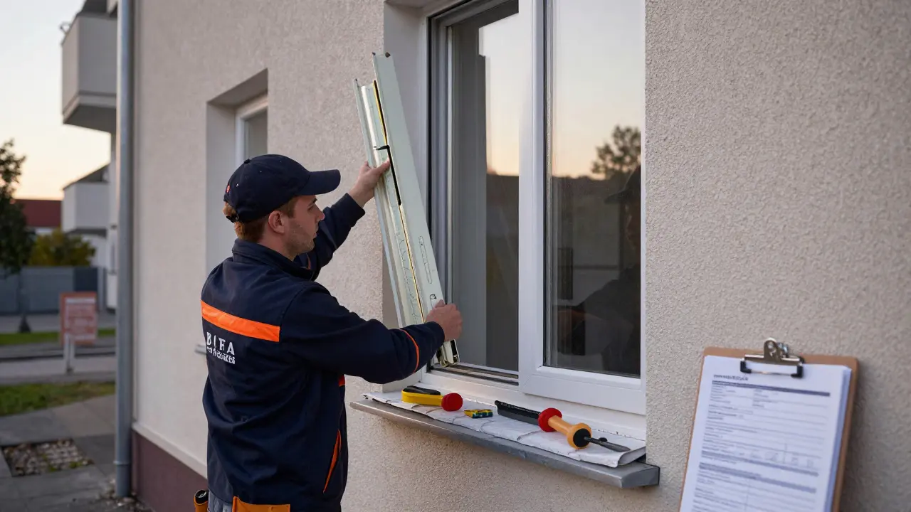 Fachmann installiert ein neues energieeffizientes Fenster in einem deutschen Mehrfamilienhaus, alte Rahmen werden entfernt.