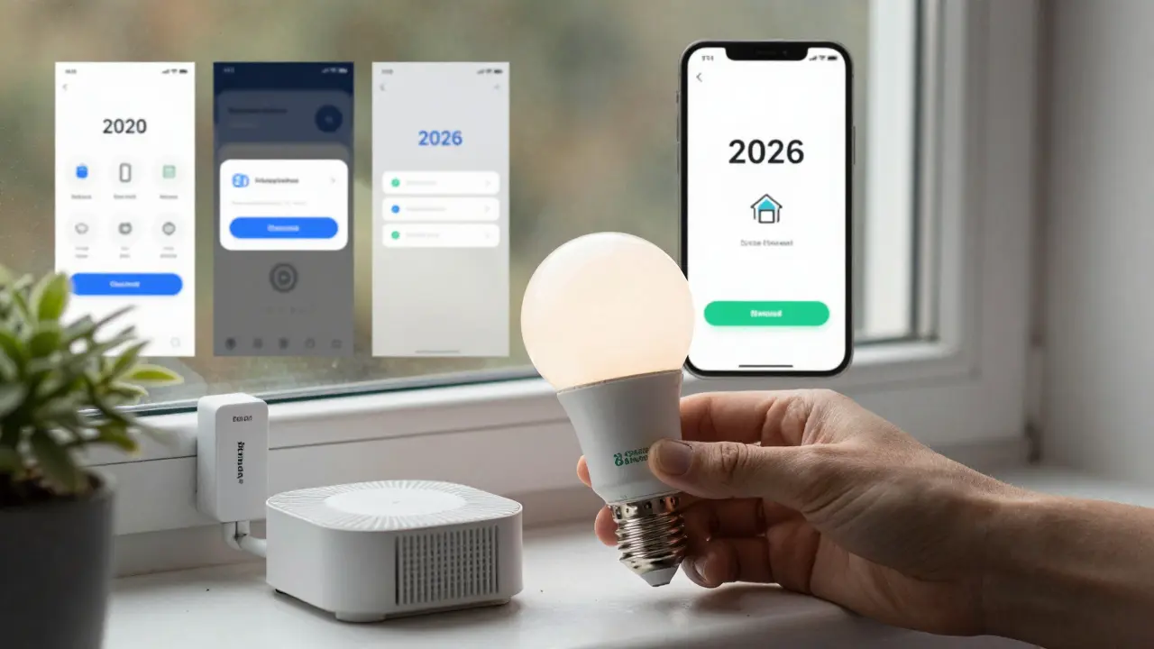 Hand legt ein neues Matter-Gerät neben einen veralteten Hub – Kontrast zwischen altem und neuem Smart Home.