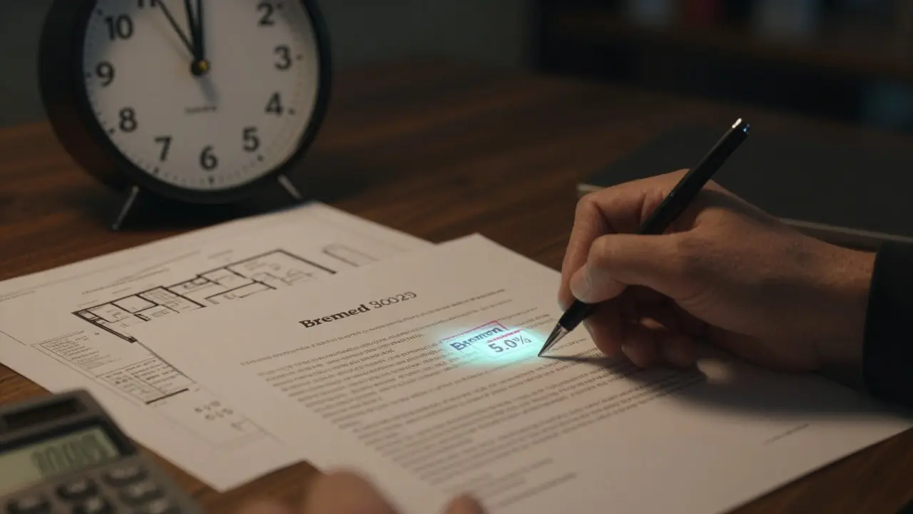 Hand unterschreibt Kaufvertrag in Bremen, Uhr zeigt 23:59 Uhr am 30. Juni 2025.