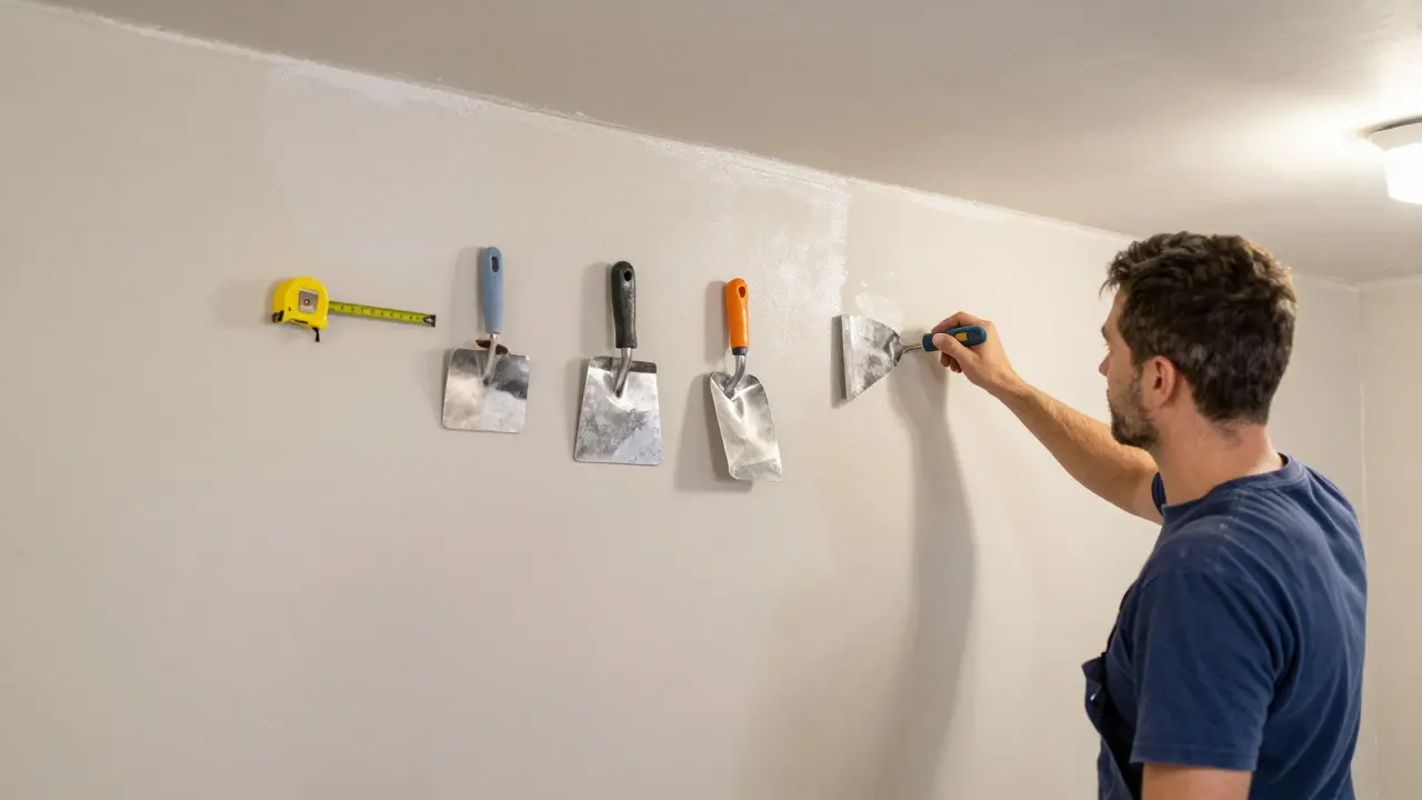 Handwerker trägt zweilagig Sanierputz auf eine vorbereitete Kellerwand auf, Werkzeuge liegen bereit.