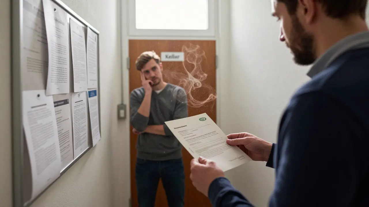 Hausbesitzer reicht formelle Abmahnung ein, Hausverwalter steht zögernd daneben.