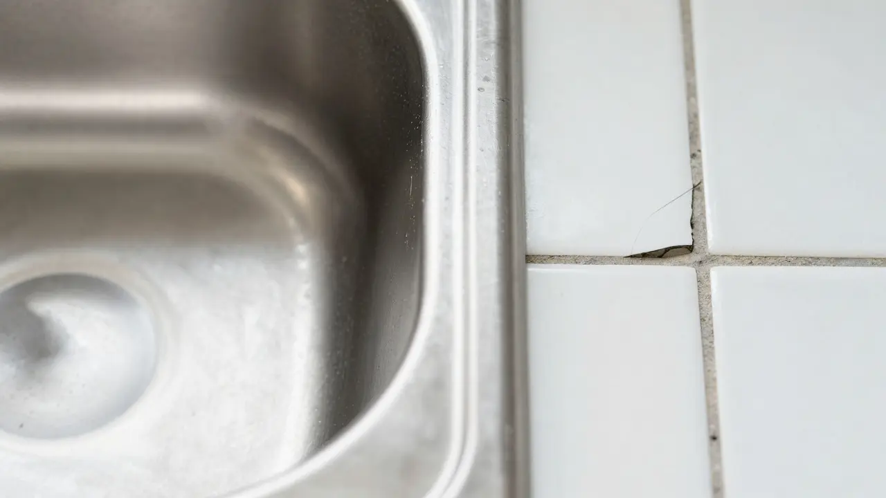 Makroaufnahme einer glatten Edelstahl-Oberfläche neben schmutzigen Fliesenfugen, Hygiene-Vergleich.