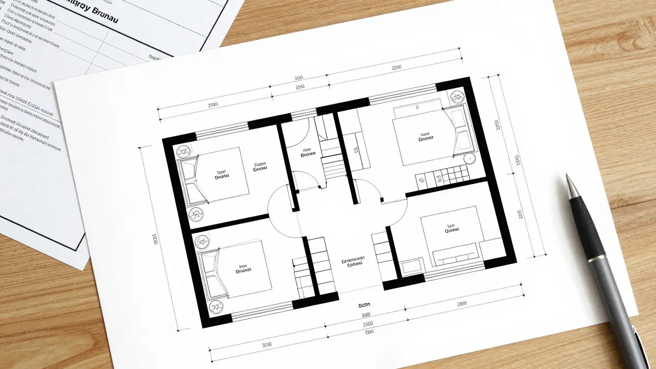 Maßstabsgetreuer Grundriss eines Einfamilienhauses mit genau beschrifteten Räumen und technischen Details.