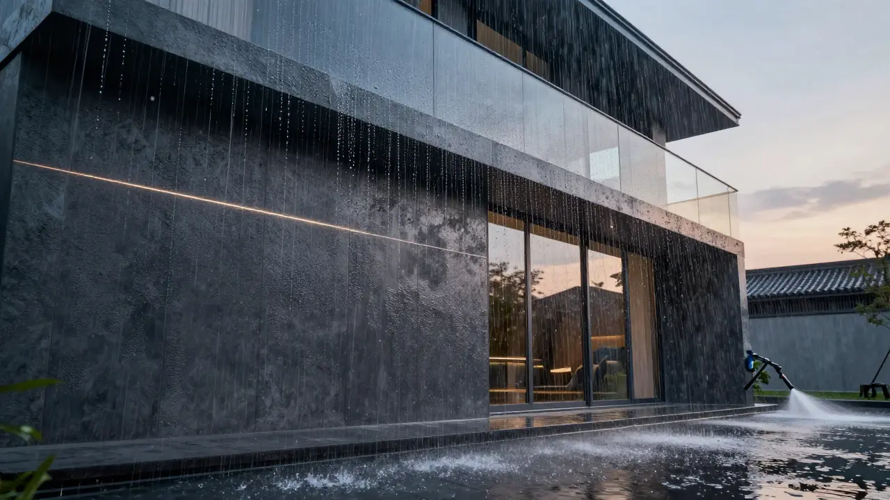 Moderne Fassade mit lotusartiger Beschichtung, Wasserperlen rollen ab, Schmutz wird abgewiesen, sanftes Abendlicht.