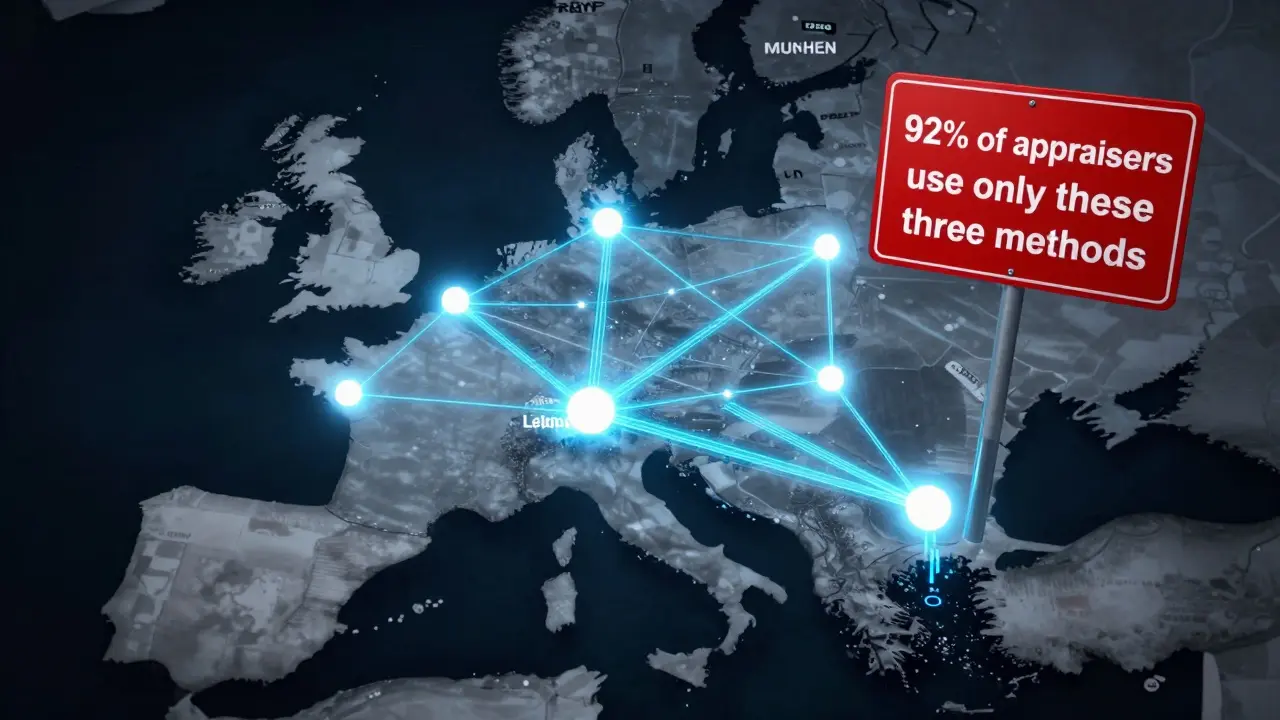 Netzwerk aus verkauften Immobilien in deutschen Städten, ländliche Gebiete in Grautönen, digitale Datenströme verbinden die Hauptstädte.