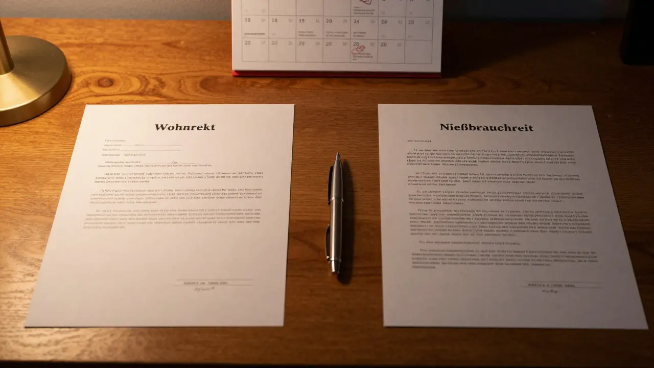 Notarbüro mit zwei vertragsunterlagen: Wohnrecht einfach, Nießbrauchrecht detailliert.