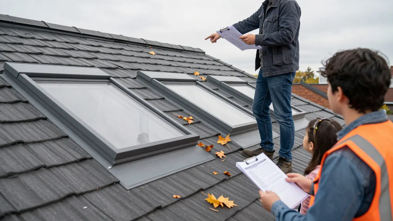Person auf Dach prüft gefährliche Bereiche mit Sicherheitsliste, Familie beobachtet von unten.