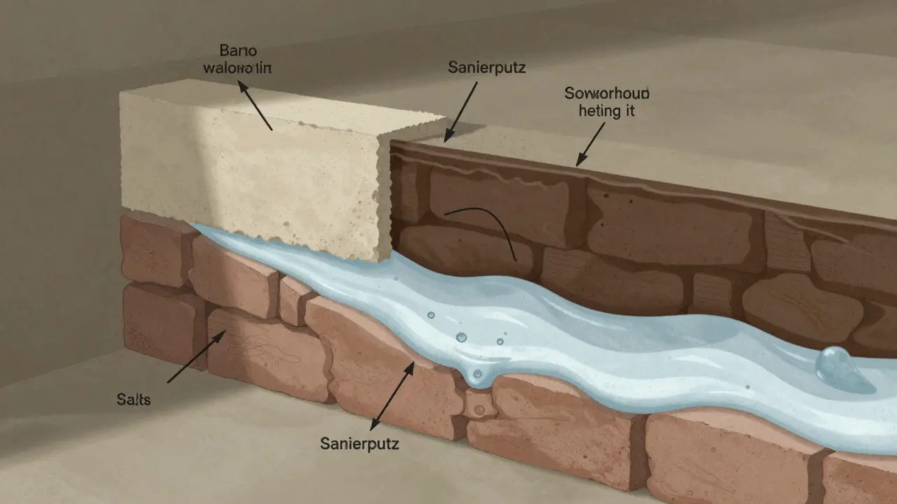 Querschnitt einer Wand mit Sanierputz, der Feuchtigkeit und Salze aufnimmt und nach außen abgibt.
