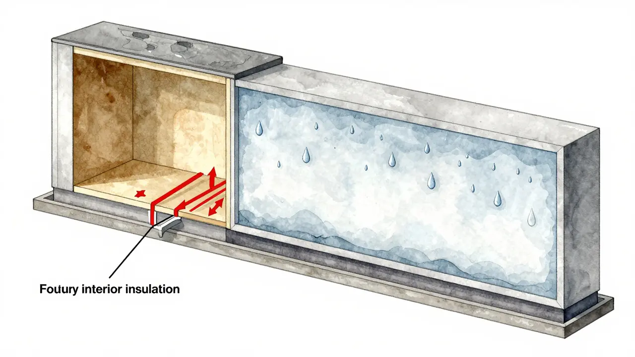 Querschnitt einer Wand: schlechte Innendämmung mit Kondensation vs. perfekte Außendämmung ohne Wärmebrücken.