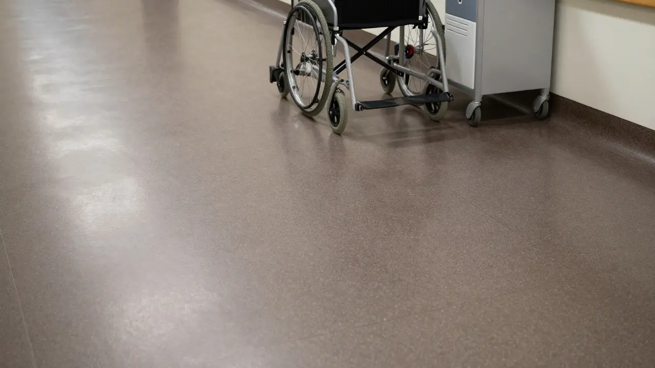 Robuster Kautschukboden in einem Krankenhausflur mit Rollstuhl und medizinischem Wagen.