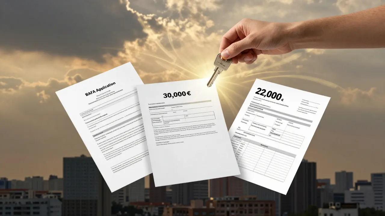 Schlüssel über Dokumentenstapel mit Sanierungskosten und Einsparungen.