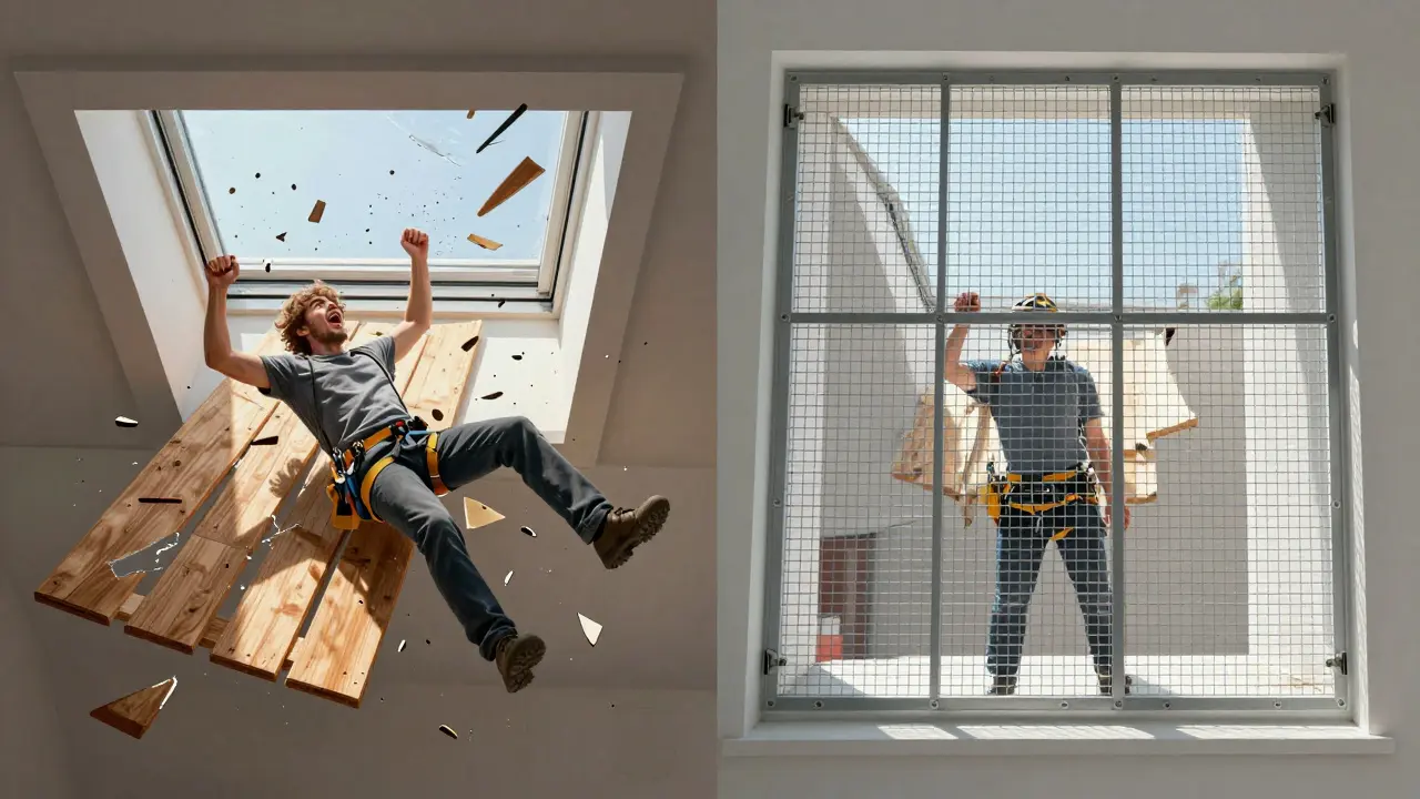 Split-Bild: links Sturz durch brüchige Abdeckung, rechts sichere Überdeckung mit professionellem System.