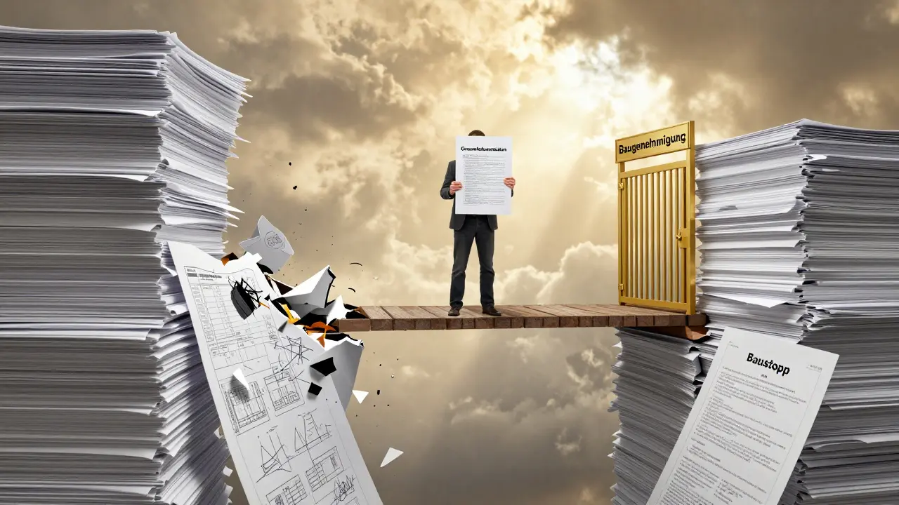 Stapel von Bauunterlagen bildet eine brüchige Brücke zur Baugenehmigung, während Fehler in den Hintergrund fallen.