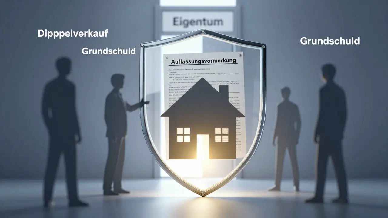 Transparenz-Schild mit Grundbucheintrag schützt Haus vor Doppelverkauf, Grundschuld und Insolvenz.