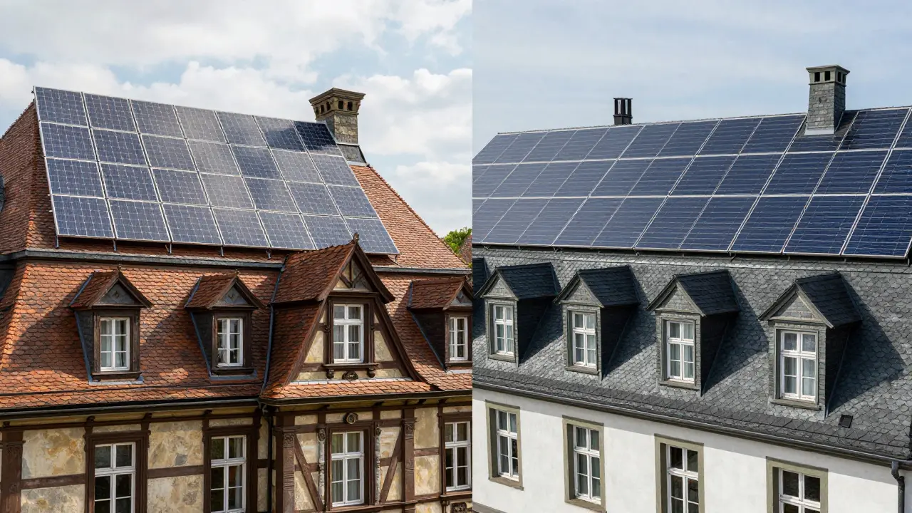 Vergleich: Aufgesetzte Solarmodule vs. unsichtbare, dachintegrierte Photovoltaik auf einem Denkmal.