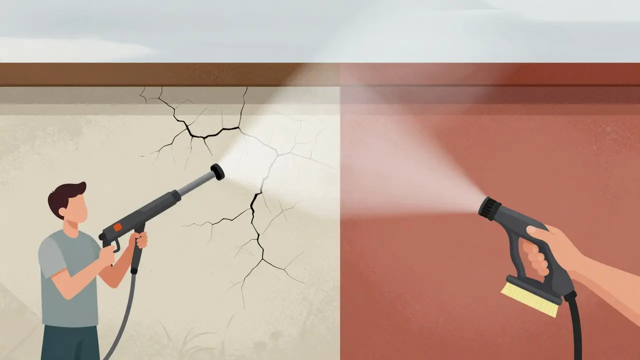 Vergleich: beschädigte Putzoberfläche links, intakte Klinkerfassade rechts, unterschiedliche Reinigungsmethoden.