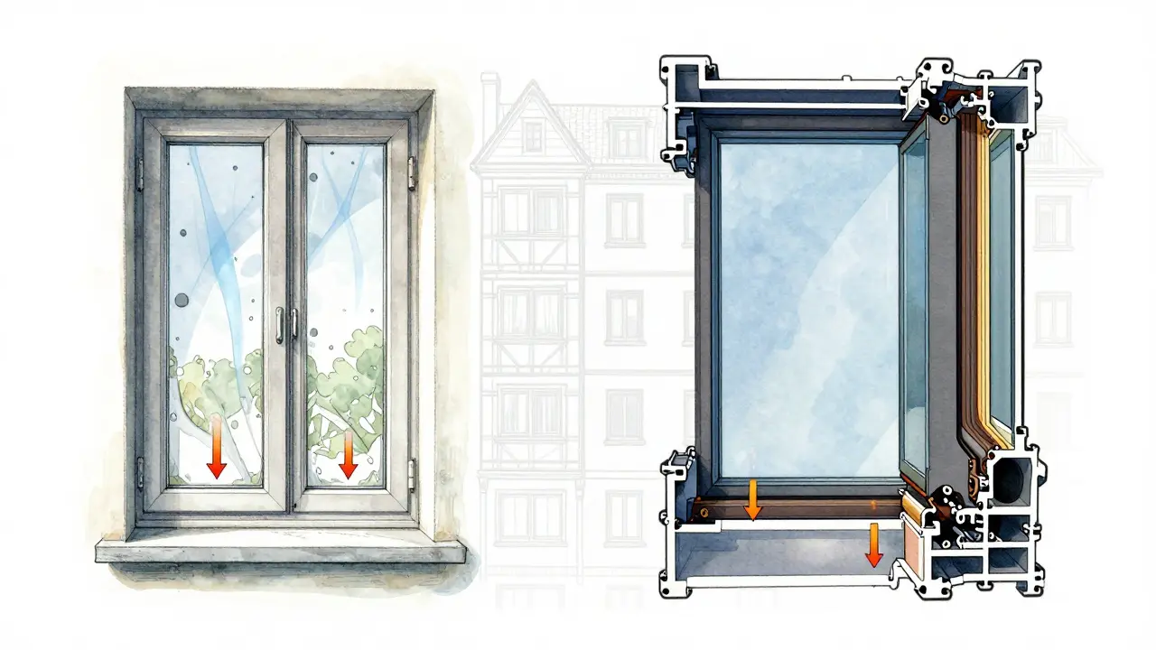 Vergleich der Wärmedämmung: altes Fenster mit Wärmeverlust vs. modernes Fenster mit minimalem Wärmeverlust.