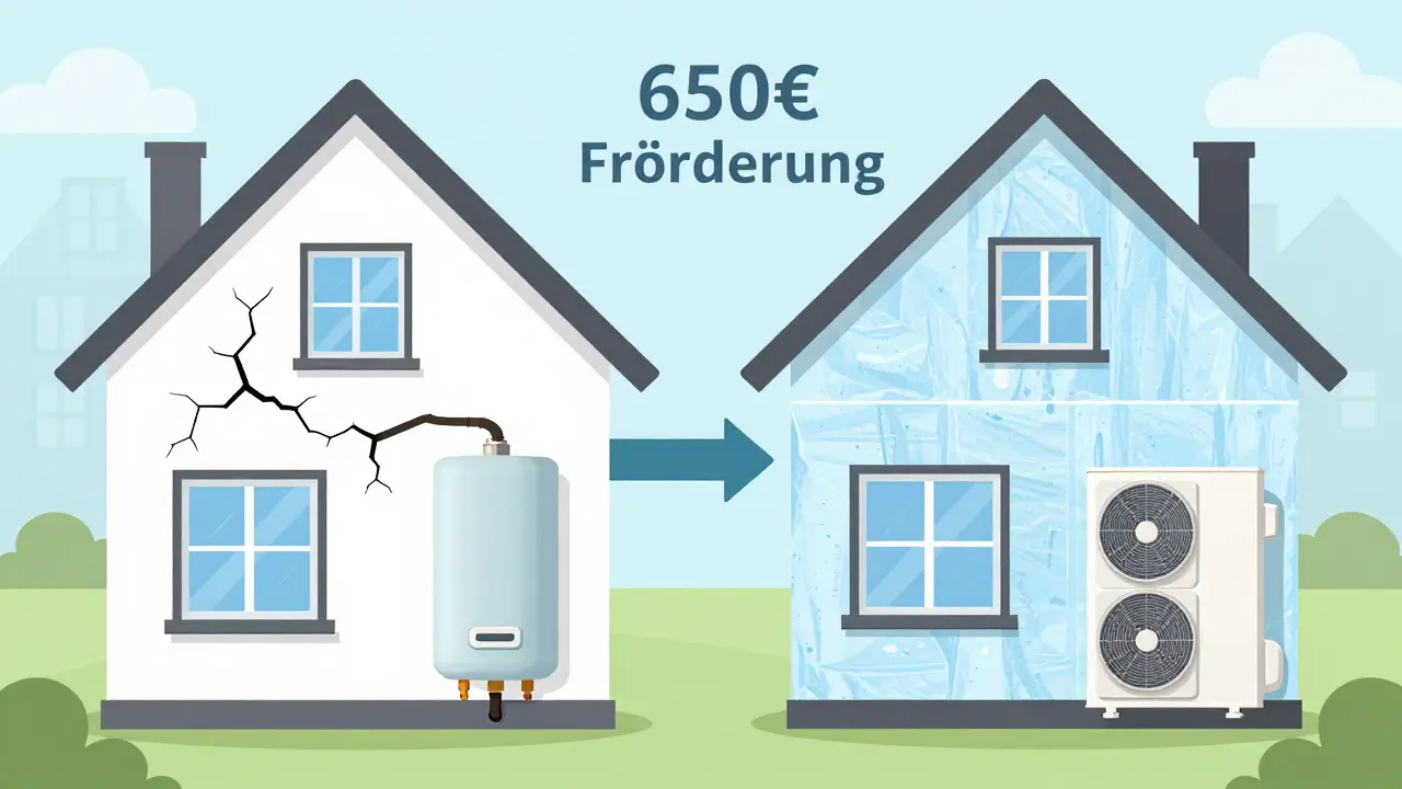 Vergleich eines energiearmen und eines sanierten Einfamilienhauses mit Förderhinweis.