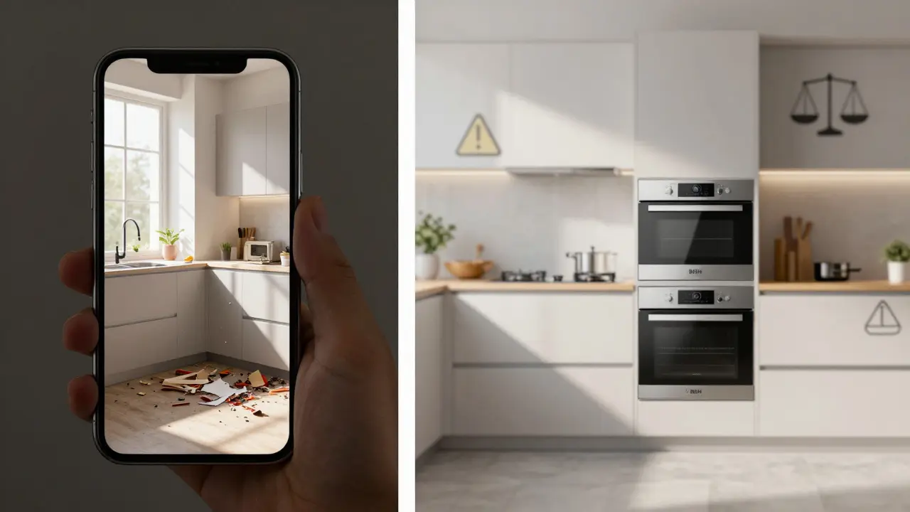 Vergleich: unscharfes Handyfoto vs. professionelles Foto der Küche, mit rechtlichen Warnsymbolen im Hintergrund.