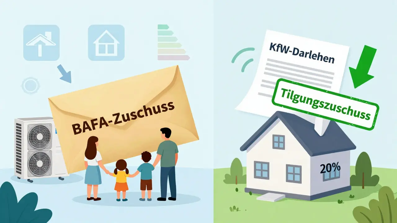 Vergleich von Zuschuss und Darlehen: eine Seite ohne Rückzahlung, andere mit Tilgungszuschuss.