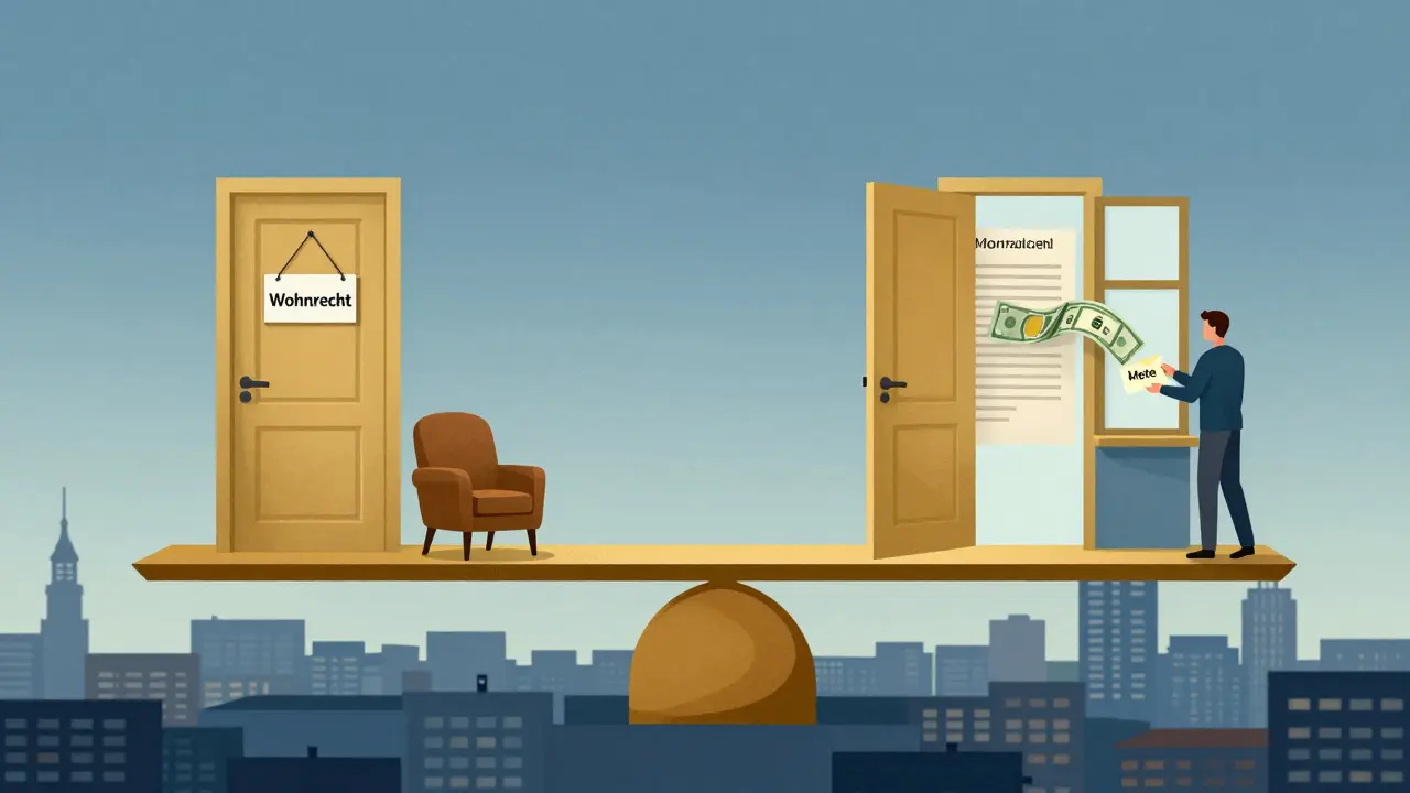 Waage mit Wohnrecht (geschlossene Tür) und Nießbrauchrecht (offene Tür mit Mieteinnahmen).