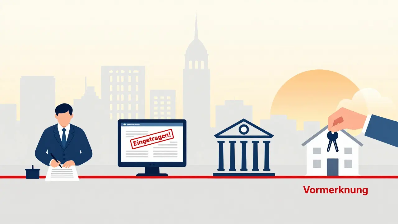 Zeitachse: Notar, elektronisches Grundbuch, Banküberweisung, neuer Eigentümer mit Schlüsseln unter Sonnenaufgang.