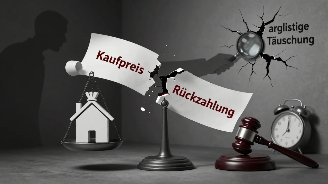 Zerbrochener Kaufvertrag über einer Waage, die Kaufpreis gegen Rückzahlung abwägt, mit verstecktem Mangel im Hintergrund.