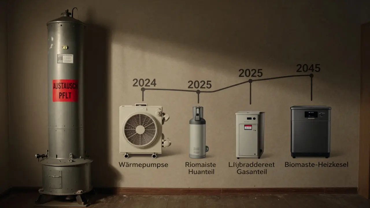 Alte Ölheizung im Keller neben modernen Alternativen, mit Zeitstrahl von 2024 bis 2045.