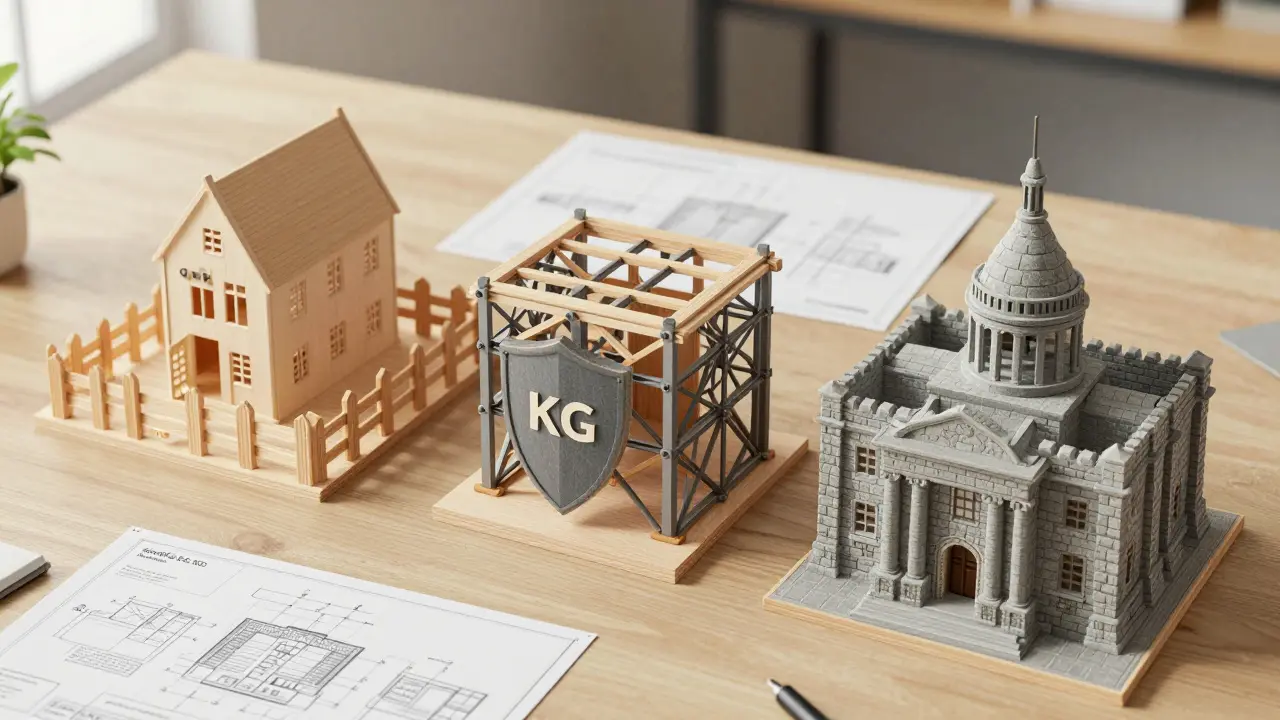 Architekturmodelle der Rechtsformen GbR, KG und GmbH &amp; Co. KG auf Schreibtisch