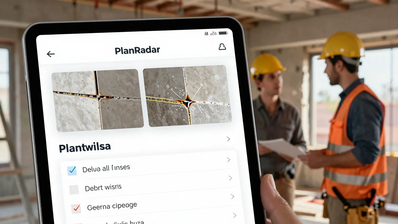 Digitale Abnahme-App zeigt fotodokumentierte Mängel an Fliesen und Elektroinstallation.