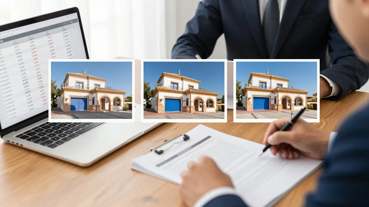 Drei vergleichbare Immobilien mit Preisen und Zustandsnotizen auf einem Tisch, ein Anwalt prüft Dokumente im Hintergrund.