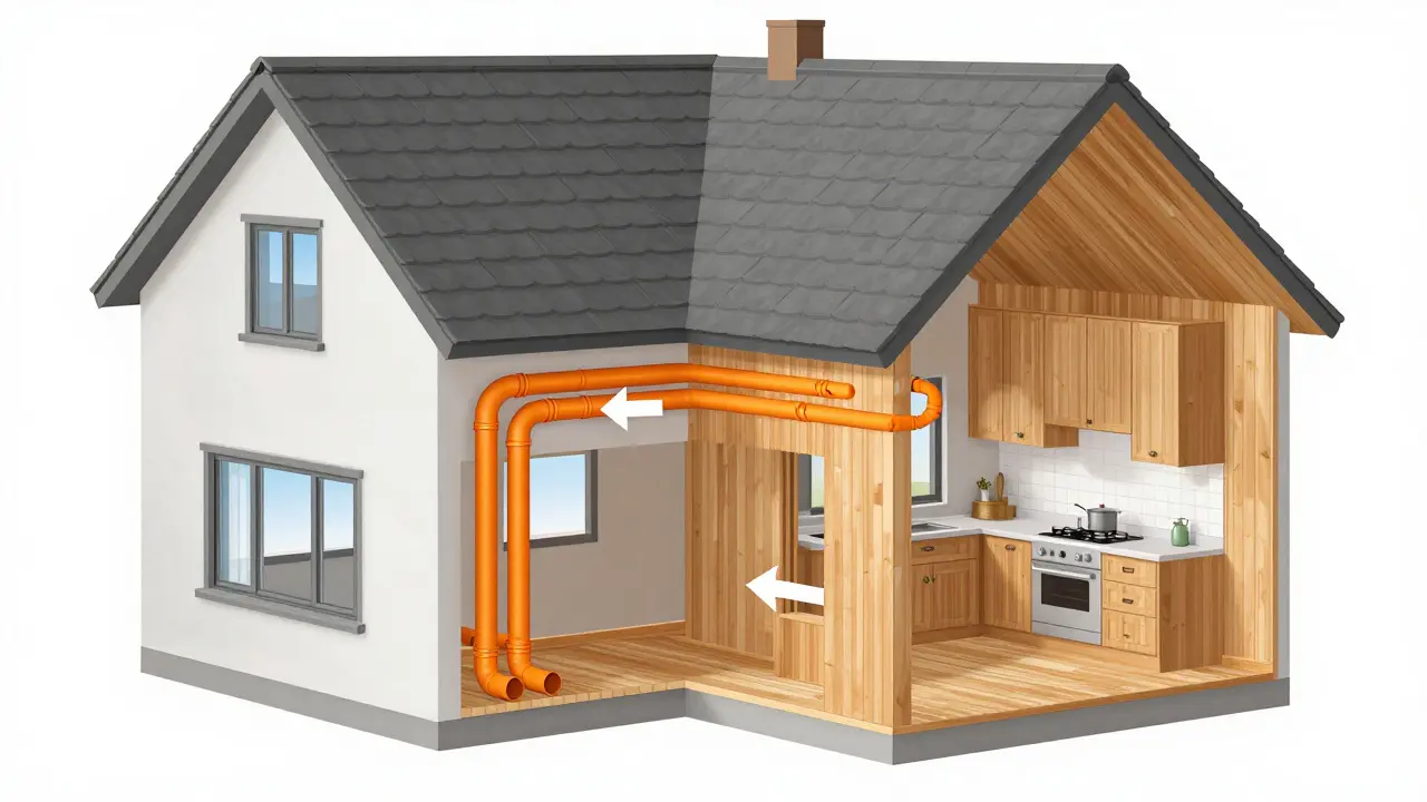 Dreistufige Darstellung der Renovierungsreihenfolge: Außen, Technik, Innenausbau, als durchsichtige Schichten eines Hauses.