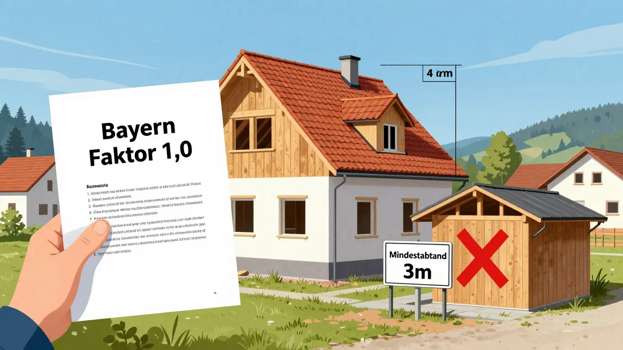 Ein Bauherr vergleicht die Abstandsregeln für Bayern: Faktor 1,0 und Mindestabstand 3 Meter, ein Gebäude steht genau in der vorgeschriebenen Entfernung.
