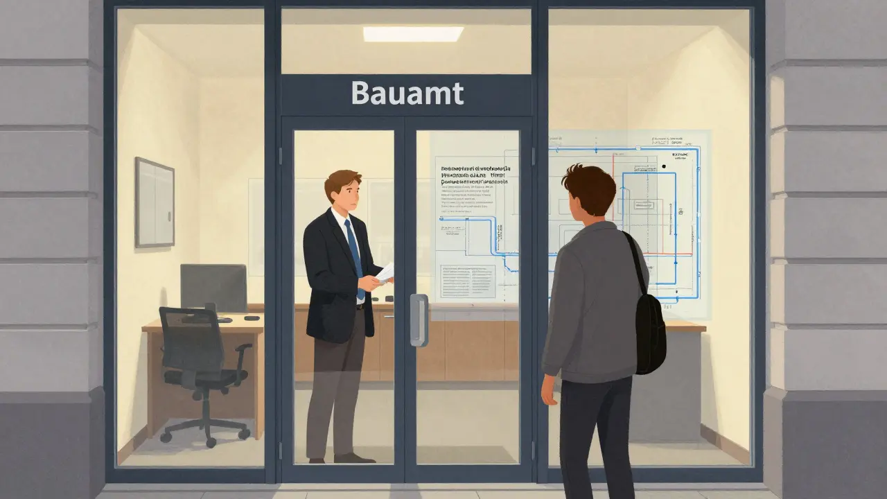 Ein Bürger erhält im Bauamt eine Auskunft über Baulasten, während rechtliche Einschränkungen als durchscheinende Linien sichtbar werden.