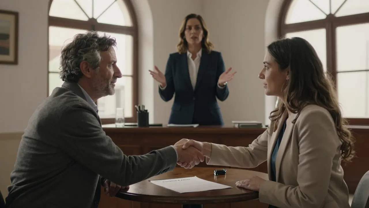 Ein deutscher Käufer und ein spanischer Verkäufer schütteln sich die Hände über einen unterschriebenen Reservierungsvertrag im Notariat.