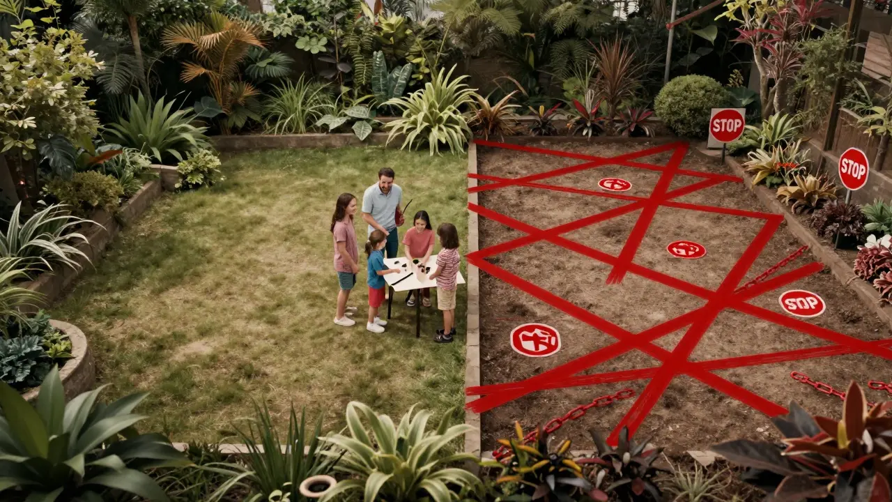 Ein Grundstück ist in zwei Hälften geteilt: eine mit Bauplänen, die andere mit versteckten rechtlichen Beschränkungen als rote Linien.