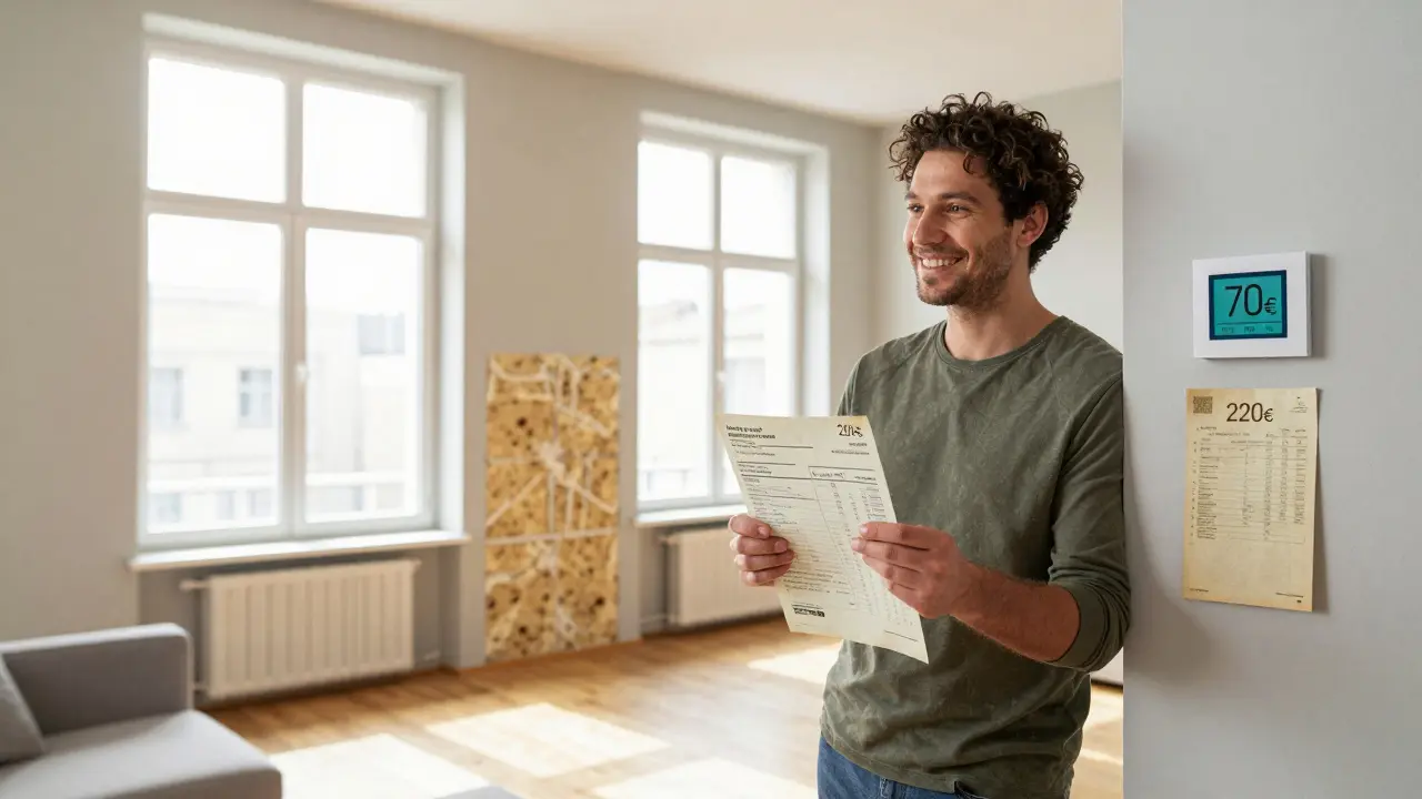 Ein modernes Wohnzimmer mit neuen Fenstern und niedrigen Heizkosten, ein Mieter hält eine Stromrechnung in der Hand.