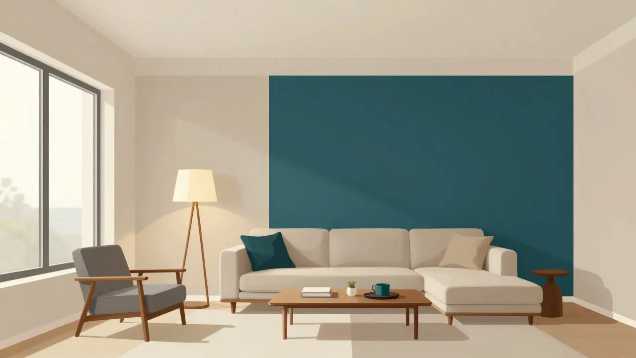 Ein Wohnzimmer mit drei Farbtonen: Beige, Dunkelgrün und Grau, harmonisch kombiniert und natürlich beleuchtet.