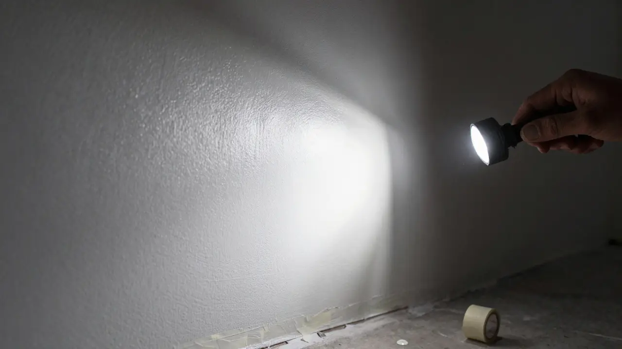 Eine frisch gestrichene Wand wird mit einer Taschenlampe auf Unebenheiten geprüft.