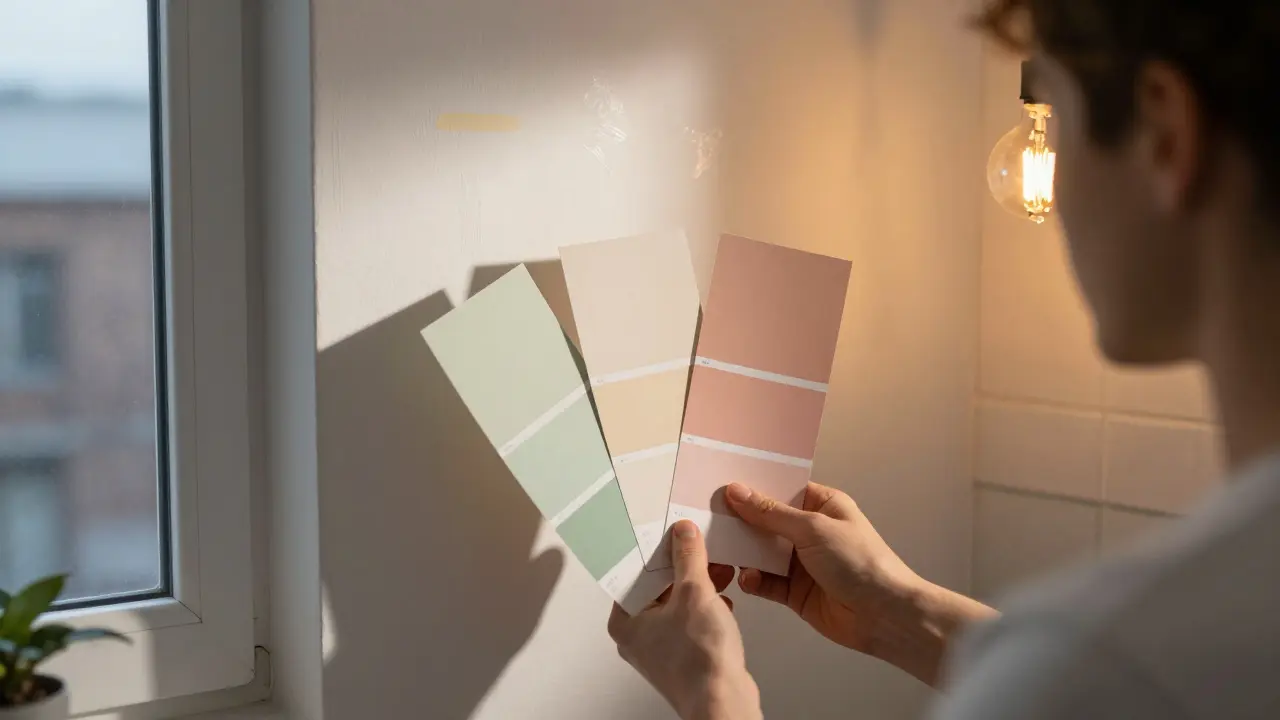 Eine Person prüft Farbproben an einer Wand unter verschiedenen Lichtverhältnissen.