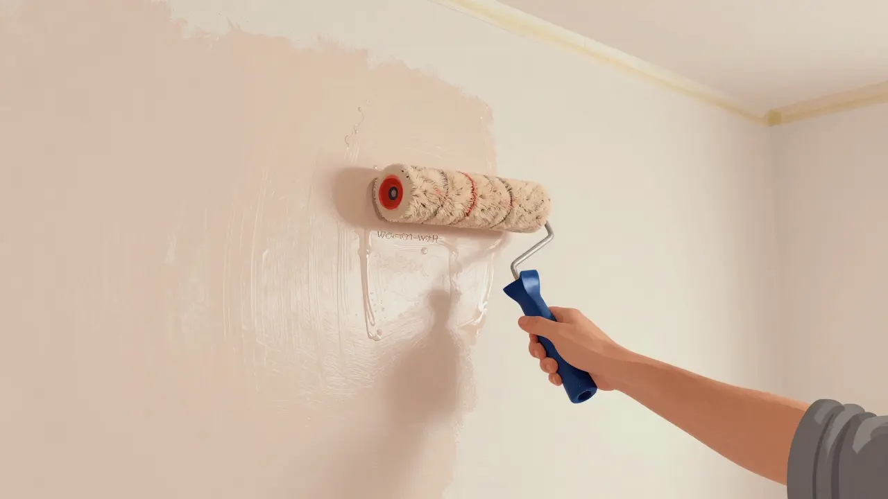 Eine Person streicht eine Wand mit feuchter Rolle, Farbe fließt nahtlos ineinander.